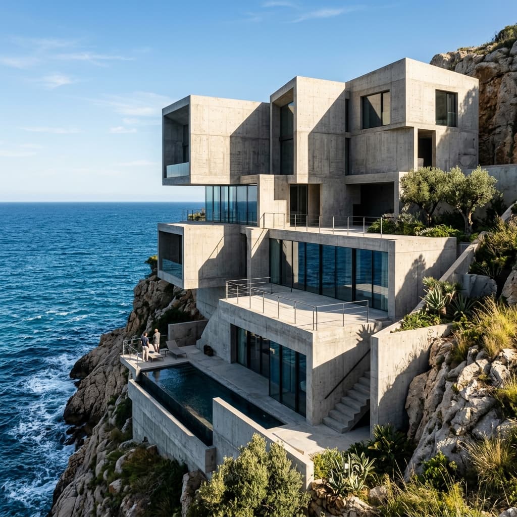 Brutalist concrete villa embedded in cliffside by KRAFT Studio
